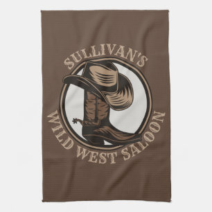 Personalised Wild West Saloon Western Cowboy Boots Tea Towel