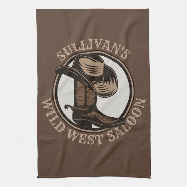 Personalised Wild West Saloon Western Cowboy Boots Tea Towel (Vertical)