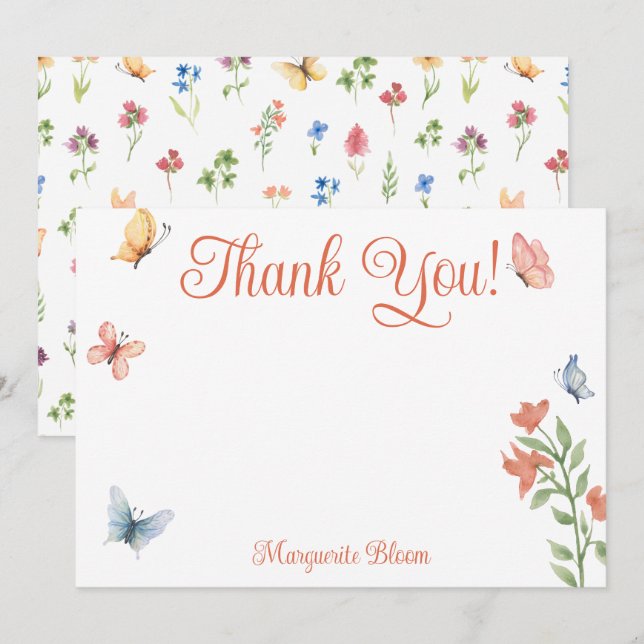 Personalised Wildflower Butterflies Bridal Shower  Thank You Card (Front/Back)