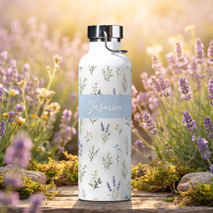 Personalised Wildflower Custom Name Floral Blue Water Bottle
