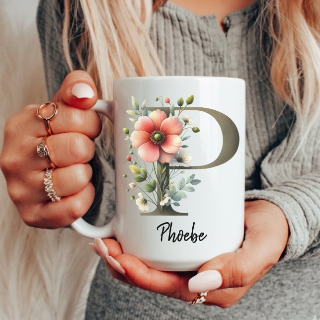 Personalised Wildflower Monogram Mug Gift for Mum (floral monogram cup, wildflower initial cup, custom mug for coworker, monogram gift for friend,)