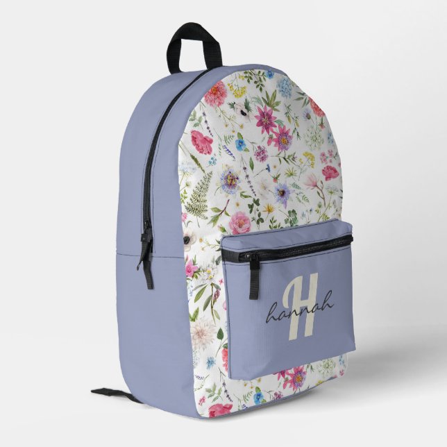 Personalised Wildflower Purple Monogram Printed Backpack (Back Corner Left)