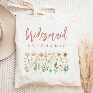 Personalised Wildflowers Rose Script Bridesmaid Tote Bag