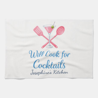 Personalised Will Cook for Cocktails Funny Elegant Tea Towel