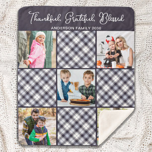 Personalised Winter Blue Grey Plaid Photo Collage  Sherpa Blanket