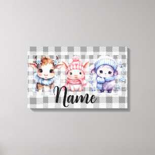 Personalised winter farm animals canvas print
