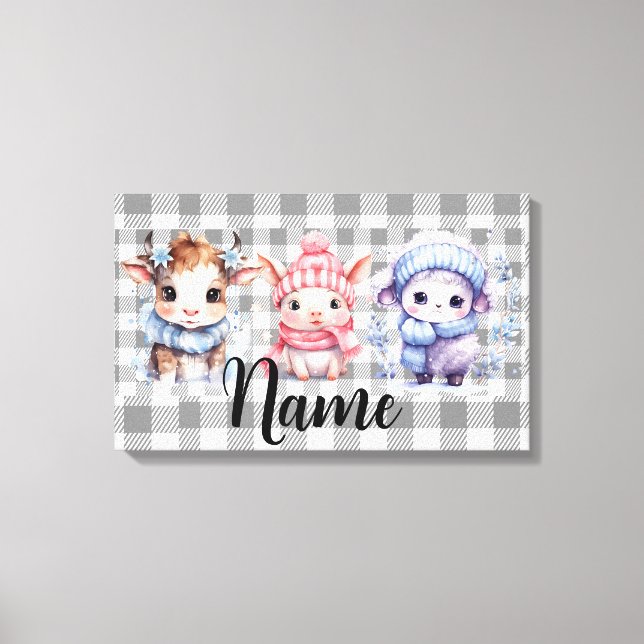 Personalised winter farm animals canvas print (Front)