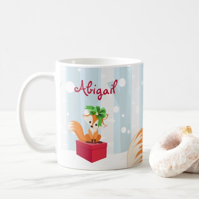 Personalised Winter Fox Woodland Christmas Coffee Mug (With Donut)