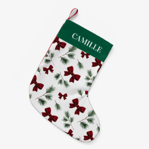 Personalised Winter Greenery & Red Bow Small Christmas Stocking