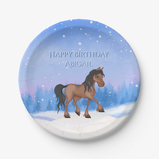 Personalised Winter Horse and Snow Birthday Paper Plate (Front)
