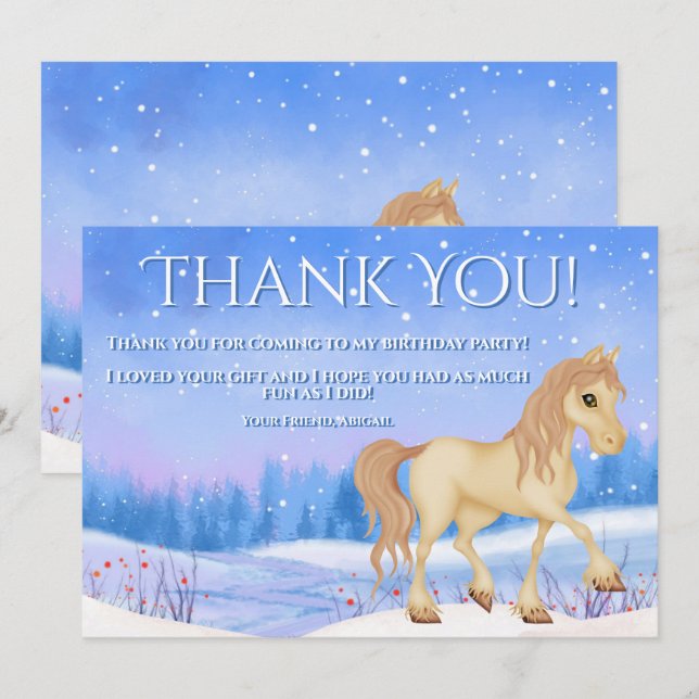 Personalised Winter Horse and Snow Birthday Thank You Card (Front/Back)
