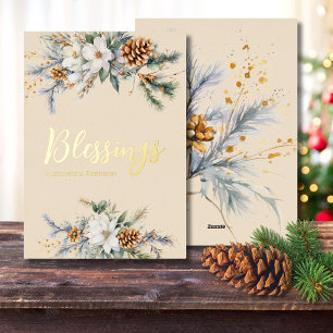 Personalised Winter Magnolia and Pinecone Blessing Foil Holiday Card