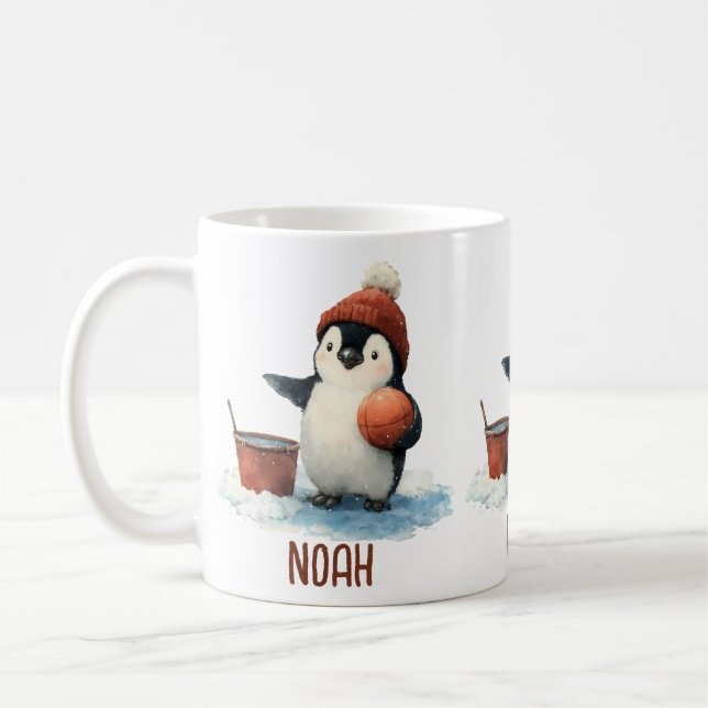 Personalised Winter Penguin Basketball Kid Coffee Mug (Left)
