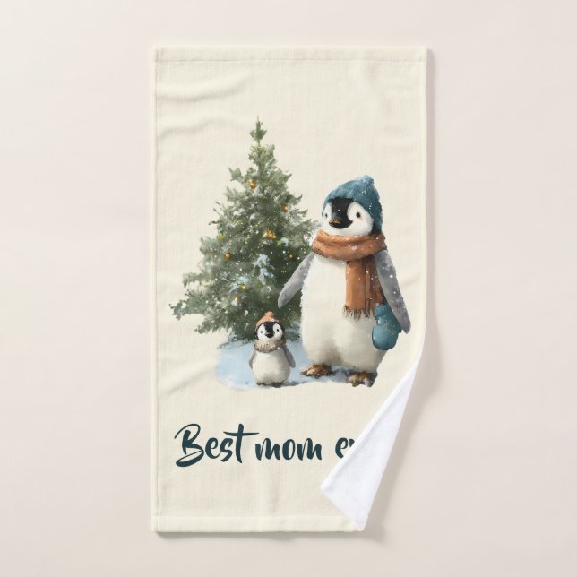 Personalised Winter Penguin “Best Mum Ever” Bath Towel Set (Hand Towel)