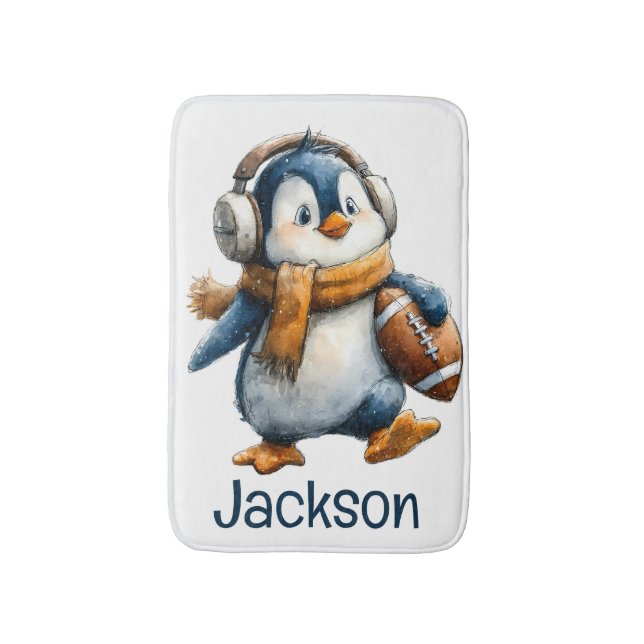 Personalised Winter Penguin Football Kid Bath Mat (Front Vertical)