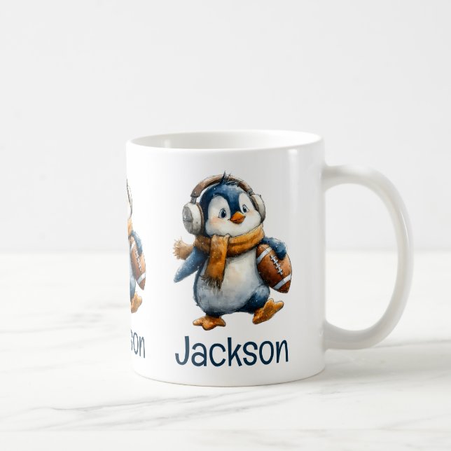 Personalised Winter Penguin Football Kid Coffee Mug (Right)