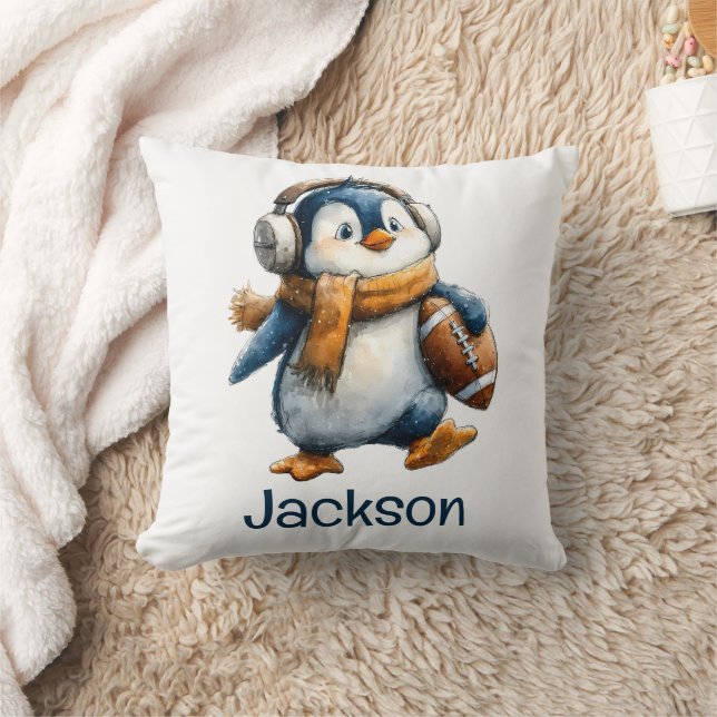 Personalised Winter Penguin Football Kid Cushion (Blanket)