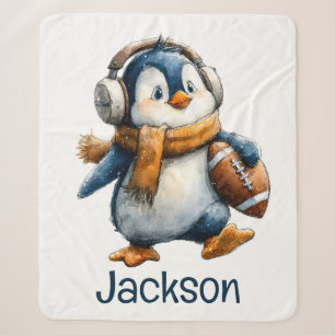 Personalised Winter Penguin Football Kid Sherpa Blanket