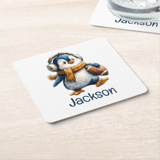 Personalised Winter Penguin Football Kid Square Paper Coaster (Angled)