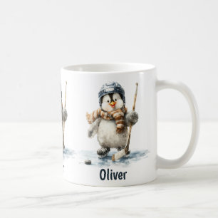 Personalised Winter Penguin Hockey Kid Coffee Mug
