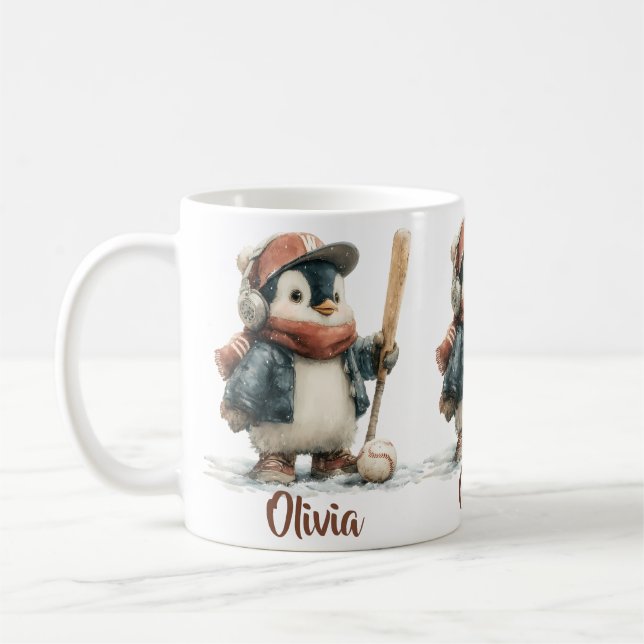 Personalised Winter Penguin Softball Kid Coffee Mug (Left)