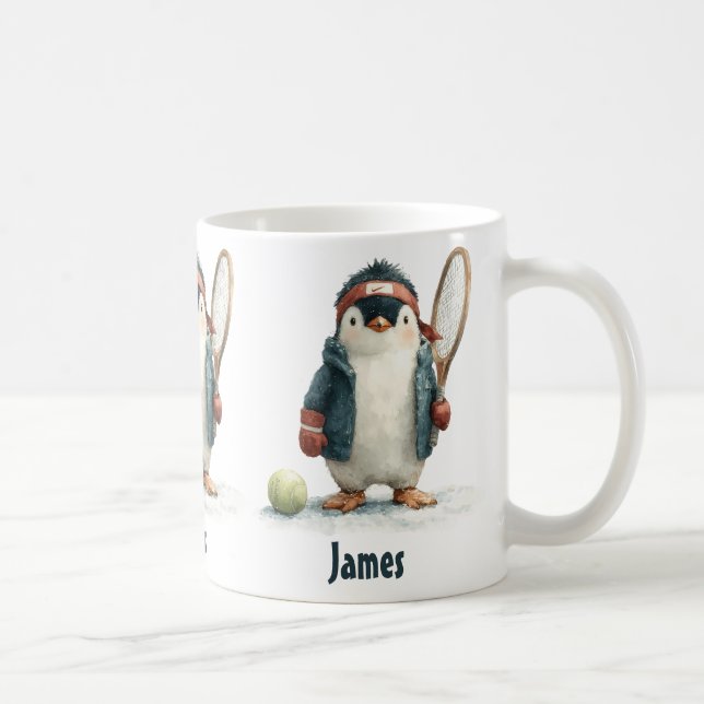 Personalised Winter Penguin Tennis Kid Coffee Mug (Right)