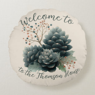 Personalised Winter Pinecone Family Design Round Cushion