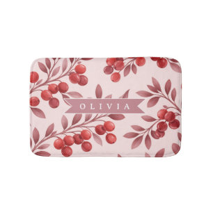 Personalised Winter Red Berry Botanical Cottage Bath Mat