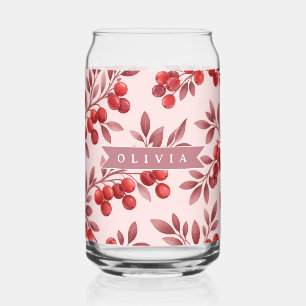 Personalised Winter Red Berry Botanical Cottage Can Glass