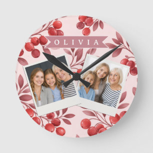 Personalised Winter Red Berry Botanical Cottage Round Clock