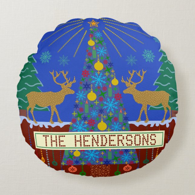 Personalised Winter Reindeer Christmas Tree Scene Round Cushion (Front)