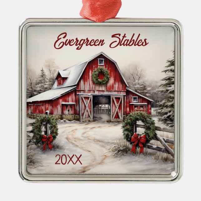 Personalised Winter Rustic Red Barn Christmas Metal Tree Decoration (Front)