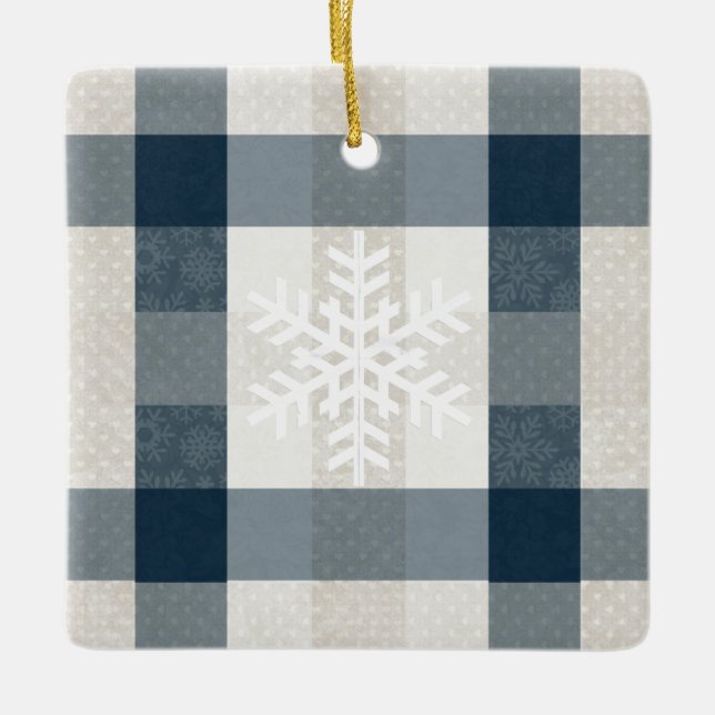 Personalised Winter Snowflake Blue Plaid Christmas Ceramic Ornament (Front)