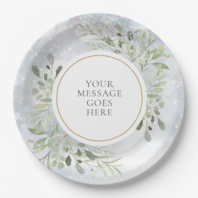 Personalised Winter Snowlakes Greenery Foliage Paper Plate (Front)