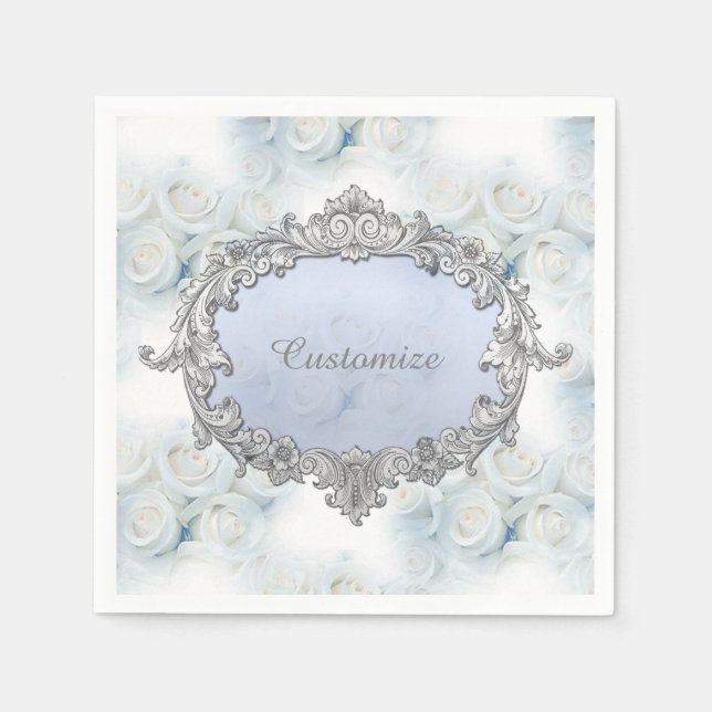Personalised Winter White Roses Pattern Napkins (Front)