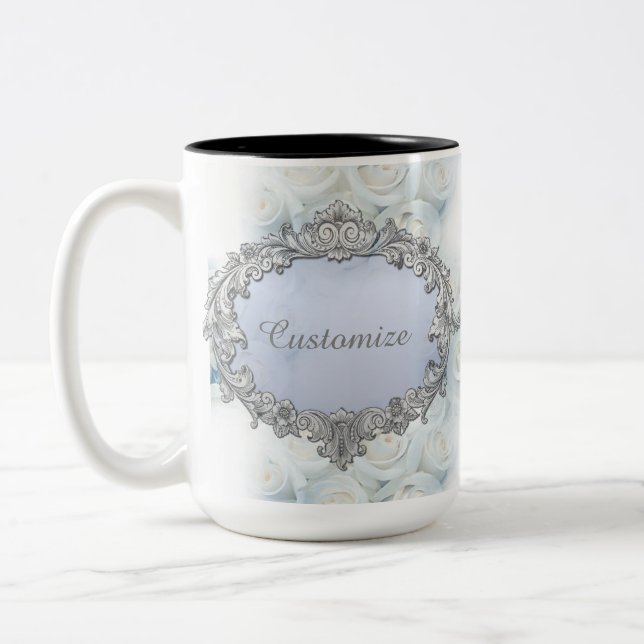 Personalised Winter White Roses Wedding Mug (Left)