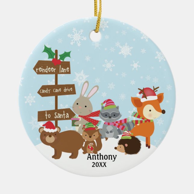 Personalised  Winter Woodland Animals Ceramic Tree Decoration (Front)