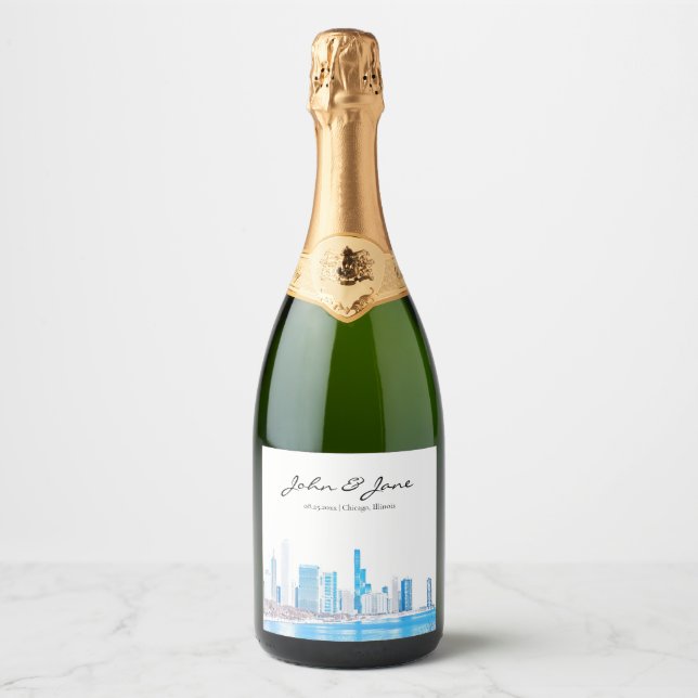 Personalised Wintery Chicago Skyline Sparkling Win Sparkling Wine Label (Front)