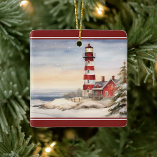 Personalised Wintery Lighthouse Nautical Christmas Ceramic Ornament
