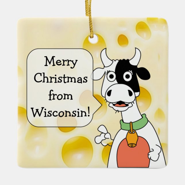 Personalised Wisconsin Cow and Cheese Christmas Ceramic Ornament (Front)