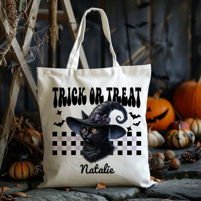 Personalised Witch Black Cat Trick Or Treat Candy Tote Bag (Creator Uploaded)