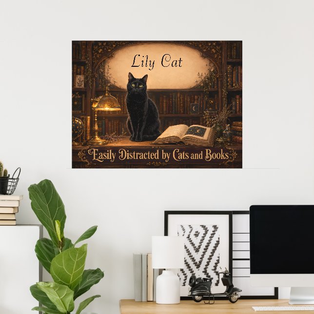 Personalised Witch Cat and Books Cosy Library Poster (Home Office)