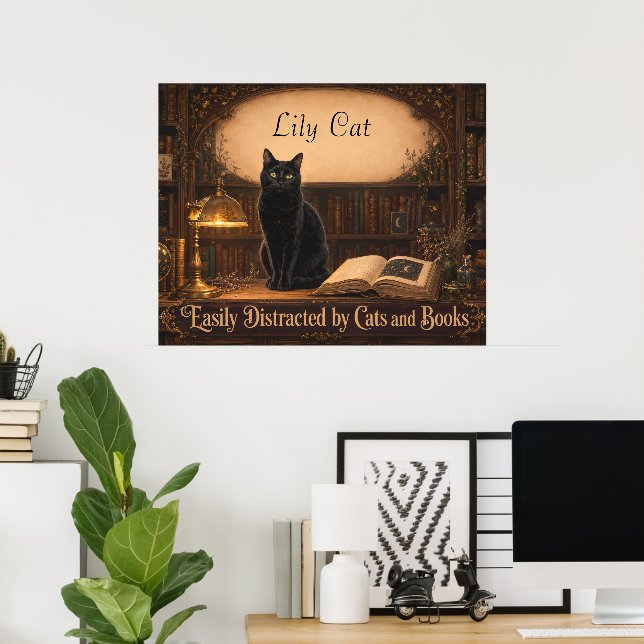 Personalised Witch Cat and Books Cosy Library Poster (Home Office)