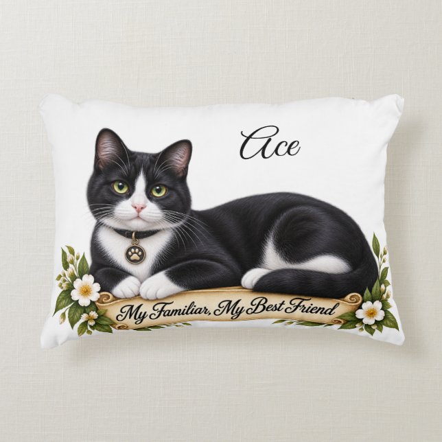 Personalised Witch Familiar Tuxedo Cat Decorative Cushion (Front)