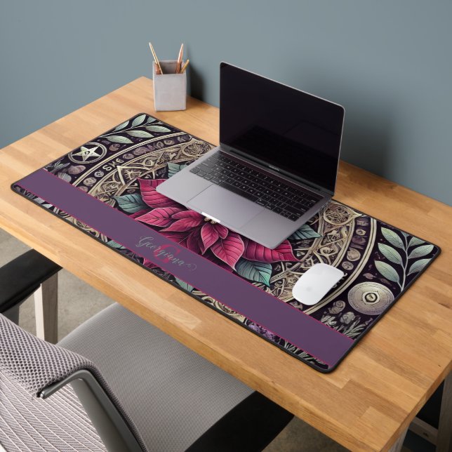 Personalised Witchy Poinsettia Pentagram Mandala Desk Mat (Office 2)