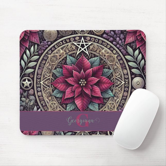 Personalised Witchy Poinsettia Pentagram Mandala Mouse Mat (With Mouse)