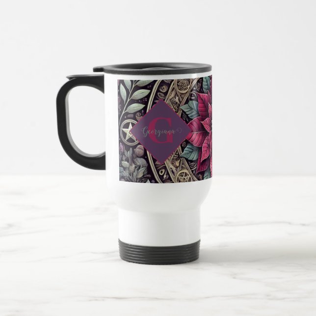 Personalised Witchy Poinsettia Pentagram Mandala Travel Mug (Left)