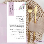Personalised with Guest Name, Lilac Floral Wedding Menu<br><div class="desc">Why spend in place cards and menu cards when you can have an elegant All-in-one elegant Menu personalised with each guest's name? Contemporary, simple, and stylish design with beautiful modern handwritten calligraphy details and delicate floral with dusty purple, mauve, lilac, and lavender blooms. The stripe on the top left corner...</div>