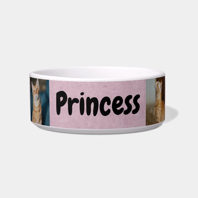 Personalised with Name and Photos | Pink Cat  Bowl (Front)