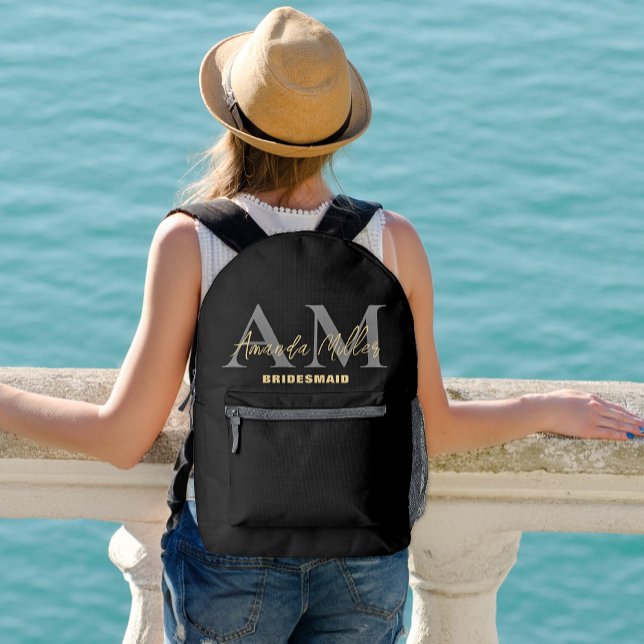 Personalised With Name Black Gold Modern Monogram Printed Backpack (Creator Uploaded)